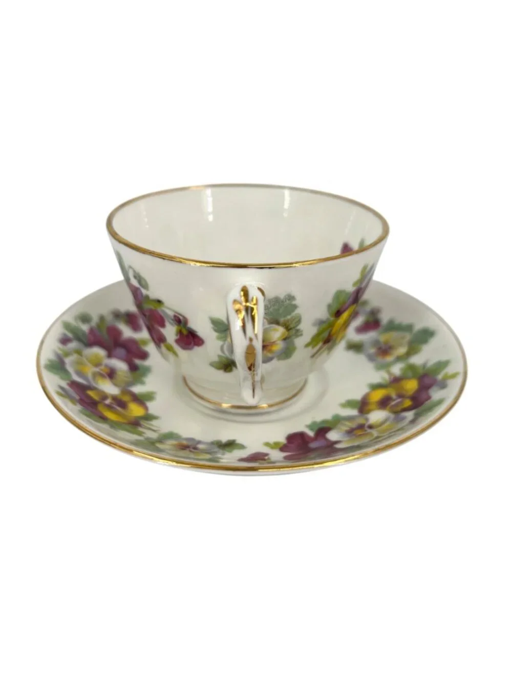 Crown Staffordshire England Purple Yellow Pansies Gold Trimmed F15069